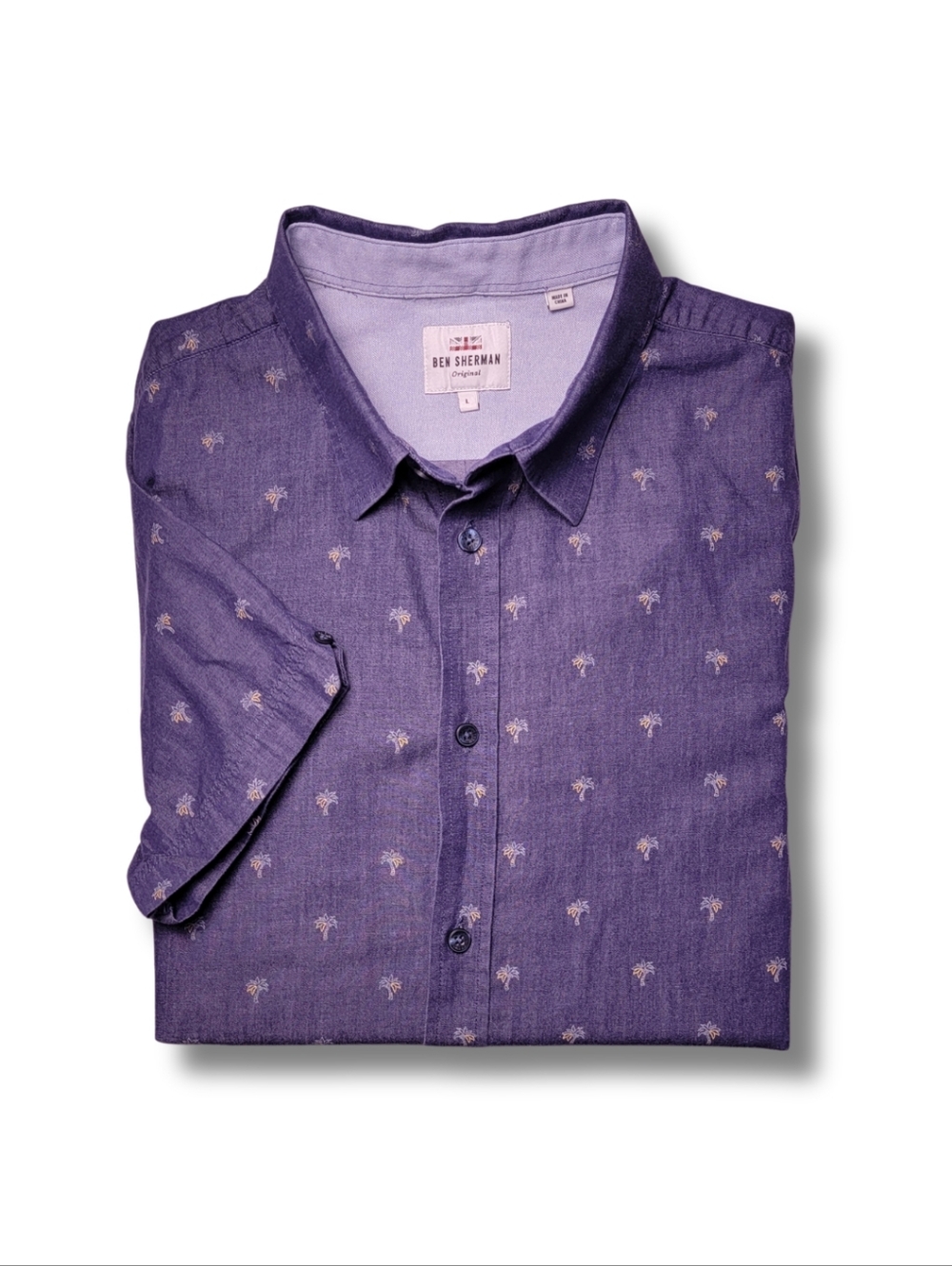 Ben Sherman Navy Chambray Palm Tree Short Sleeve Button-Down Shirt L